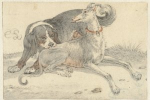 Galgo e um cão perdiz de Cornelis Saftleven