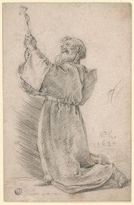 Monge ajoelhado segurando um crucifixo de Cornelis Saftleven