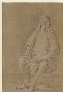 Homem sentado com uma tigela no colo de Cornelis Saftleven