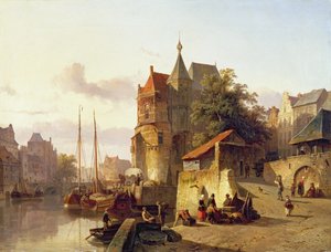Edifícios fortificados nas margens de um canal
