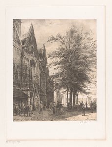 Pessoas em frente à Igreja do Mercado em Hamelin Hamelin (título no objeto) de Cornelis Springer