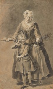 Uma mulher mostra a um rapaz choroso o seu sapato de interruptores de Cornelis Troost