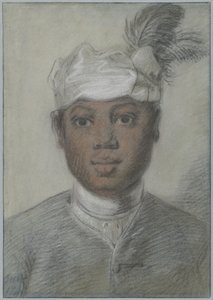 Cabeça de um jovem negro com turbante de penas