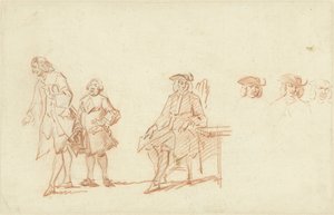 Folha de estudo com dois homens em pé e um homem sentado, cuja cabeça é repetida três vezes de Cornelis Troost