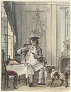 Homem que janta com um copo de vinho um jerky de Cornelis Troost