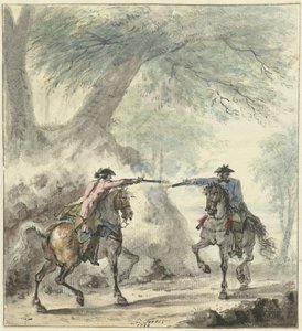 Dois cavaleiros, encontrando-se em uma estrada florestal e atirando um no outro de Cornelis Troost