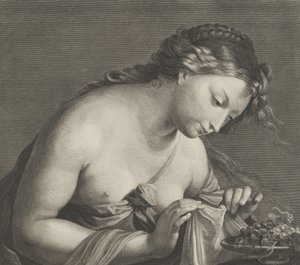 Erigone inclinando-se sobre uma travessa de uvas e levantando um pedaço de pano com as duas mãos,..., ca. 1700.
