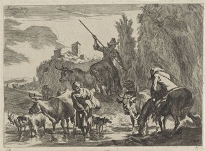 Pastores com gado percorrem um riacho Paisagens (título da série) de Cornelis Visscher (II)