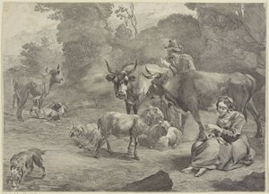 Paisagem com um pastor e uma pastora de costura de Cornelis Visscher (II)
