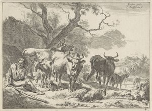 Descansando o velho pastor com seu rebanho Paisagens (título da série) de Cornelis Visscher (II)