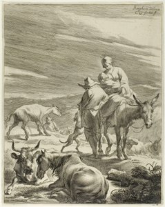 Uma mãe e um filho envolto em faixas montando um burro, prato 4 de Quatro paisagens de Cornelis Visscher