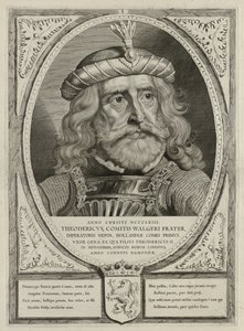 Dirk I, conde da Holanda, de armadura. A moldura está decorada com o brasão de armas da Holanda. NL-HlmNHA 1477 53012894 de Cornelis Visscher