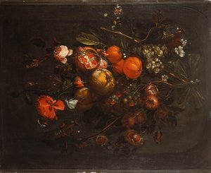 Um buquê de frutas e flores penduradas em um prego em um nicho de Cornelis de Heem
