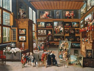 Um espaçoso hall de entrada com fotos, itens de colecionador, um artista e um conhecedor, c.1635-1640