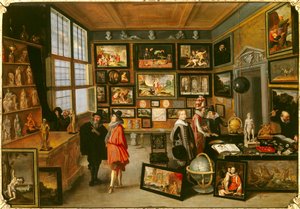 A prática amadora chamada Galeria de Objectos de Arte. Eram também chamados de escritórios de curiosidades. Pintura de Cornelis de Baellieur (1607-1671). 1637. Dim 0,51 x 0,74 m. Dijon, Museum of Fine Arts