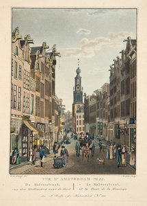 Vue d&39;Amsterdam No.22. O Kalverstraat, do Heiligeweg ao Munt. Le Kalverstraat, e a excursão de la Monnoye, 1825 (gravura colorida à mão)