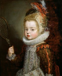 Um retrato de uma criança segurando uma raquete (óleo no painel) de Cornelis de Vos