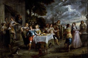 História do filho pródigo: a dissipação. Pintura de Cornelis De Wael (1592-1667), cerca de 1630-1639. Arte flamenga. Óleo sobre tela. Dim: 57x86cm. Genes, Coleção Privee.