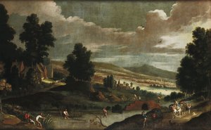 Paisagem com viajantes e pescadores de Cornelis de Wael