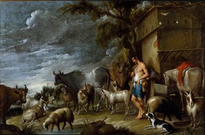 Pintura por Cornelis De Wael (1592-1667), cerca de 1630-1639. Arte flamenga. A história do filho pródigo: a guarda dos porcos. Guardião do rebanho com porco, cinturão, cabra, vaca, cabra, cavalo, cão e ovelha. Óleo sobre tela. Dim: 57x86cm. Colecção privad