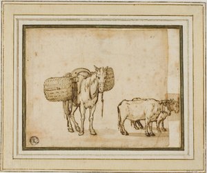 Dois esboços: Mula a transportar cestos, par de bois de jugo de Cornelis de Wael