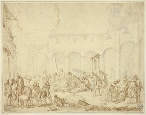 Soldados feridos num pátio da praça da cidade de Cornelis de Wael