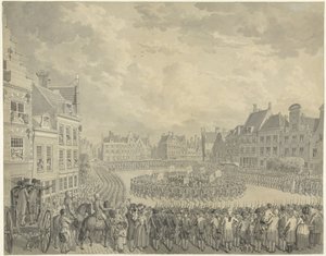 Juramento do Conselho de Comissários pelos oficiais artilheiros no Neude em Utrecht, 1786 de Cornelis van Cuylenburgh (II) (signed by artist)