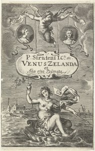 Vénus sobre concha com coração ardente e seta flutuando ao largo da costa da Zelândia, acima de dois medalhões com retratos de Cloës e Blondae e cartucho com título de Amor
Página de título para: Venus Zelanda et alia ejus Poëmata, The Hague 1641
Vénus de Cornelis van Dalen (I)