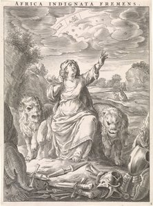 Personificação feminina do continente africano como uma mulher com pele de leão sentada entre leões Africa indignata fremens (título no objeto) Quatro continentes (título da série) de Cornelis van Dalen (II)