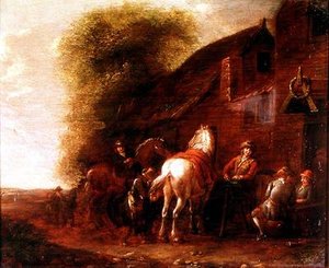 Cavaleiros fora de uma pousada da aldeia de Cornelis van Essen