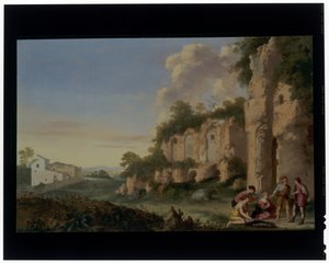 Cartas de fogo numa paisagem de Cornelis van Poelenburgh or Poelenburch
