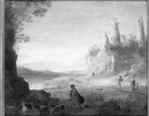 Paisagem italiana com Diana e Calisto com um pastor de cabras perto de um castelo em ruínas de Cornelis van Poelenburgh or Poelenburch