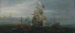 Um navio francês e piratas barbaros, c.1615 (óleo sobre painel de carvalho) de Cornelius Bol