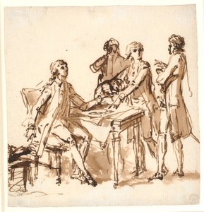 Quatro homens ao redor de uma mesa discutem um projeto. de Cornelius Høyer