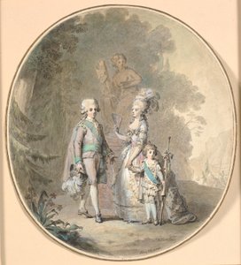 Gustav III, Rainha Sophie Madalena e Príncipe Herdeiro Gustav Adolph passeando no Parque Haga. de Cornelius Høyer