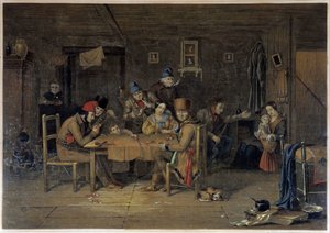 Os colonos franceses no Canadá jogando cartas - pintura de Krieghoff