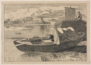 Barcos em um rio, moinho de vento à distância de Cornelius Varley