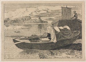 Barcos em um rio, moinho de vento na distância, 1809. de Cornelius Varley