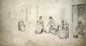 Crianças fora da sua escola em Market Hill, Irlanda de Cornelius Varley