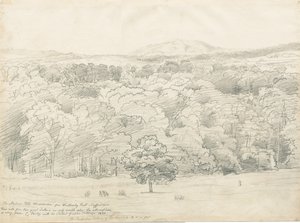 Wrottesley Hall - Vista de Malvern Hills: desenho a lápis, 1820 de Cornelius Varley