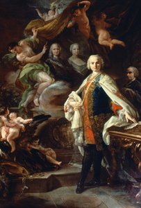 O castrado italiano Carlo Farinelli (Carlo Broschi, dit; 1705 - 1782), na corte de Filipe II de Espanha, vestindo a bata branca da Ordem de Calatrava. Pintura de Corrado Giaquinto (1703-1766), Civico Museo Bibliografico Musicale, Bolonha.