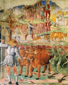 Quadro agrícola, detalhe do Triunfo de Ceres, cena do mês de agosto, ca 1470, atribuído a Cosimo Tura e Mestre de Ercole, afresco, parede norte, Salão dos Meses, Palazzo Schifanoia (Palácio da Alegria), Ferrara, Emilia- Romagna. Itália de Cosimo (attr. to) Tura