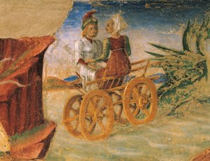Rapto de Proserpina, detalhe do Triunfo de Ceres, cena do mês de agosto, atribuído a Cosimo Tura (cerca de 1430-1495) e Mestre de Ercole, afresco, parede norte, Salão dos Meses, Palazzo Schifanoia (Palácio da Alegria), Ferrara, Itália, por volta de 1470 de Cosimo (attr. to) Tura