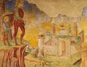 Triunfo de Ceres, cena do mês de agosto, atribuída a Cosimo Tura (cerca de 1430-1495) e Mestre de Ercole, afresco, parede norte, Hall of Months, Palazzo Schifanoia (Palácio da Alegria), Ferrara, Detalhe, Itália, cerca de 1470 de Cosimo (attr. to) Tura