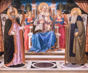 Madonna e Criança entronizadas com anjos, São Nicolau e Santo Antônio Abade de Cosimo Rosselli