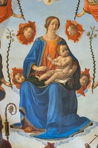 Madonna com Criança em glória, Santo Ambrósio, São Francisco de Assis, Deus Pai e anjos", Altarpiece, detalhe (fresco) de Cosimo Rosselli