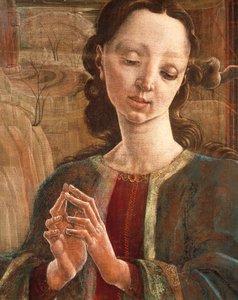 Anunciação, madeira de obturador de órgãos na Catedral de Ferrara de Cosimo Tura