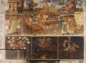 Triunfo de Júpiter e Cibele e Sinal de Leão, cenas do Mês de Julho, fresco, parede norte, Salão dos Meses, Palazzo Schifanoia (Palácio da Alegria), Ferrara, Itália, cerca de 1470