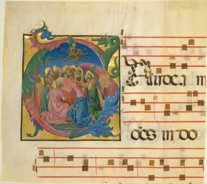 Iluminação do manuscrito com a Assunção da Virgem em uma inicial G, 1450-60. de Cosmè Tura