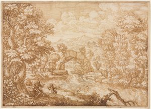 Paisagem fluvial com Arched Rock, segunda metade de 1600. de Crescenzio di Onofrio